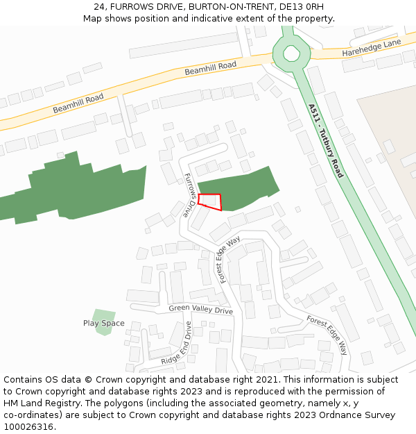 24, FURROWS DRIVE, BURTON-ON-TRENT, DE13 0RH: Location map and indicative extent of plot