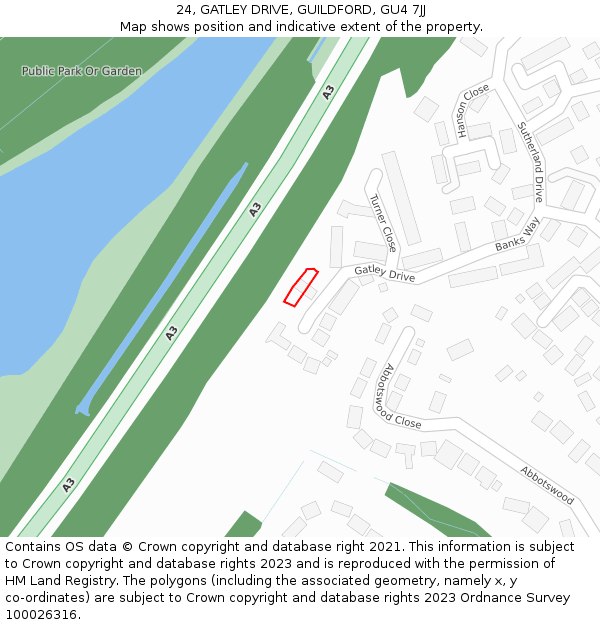 24, GATLEY DRIVE, GUILDFORD, GU4 7JJ: Location map and indicative extent of plot