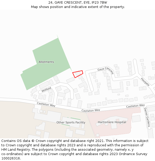 24, GAYE CRESCENT, EYE, IP23 7BW: Location map and indicative extent of plot