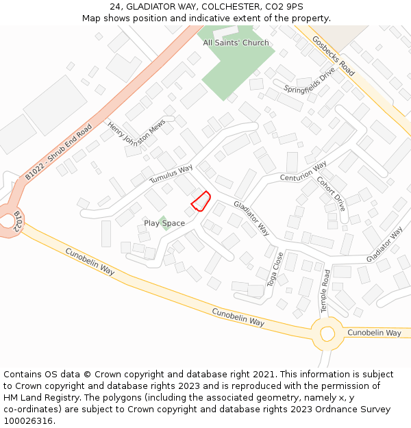 24, GLADIATOR WAY, COLCHESTER, CO2 9PS: Location map and indicative extent of plot