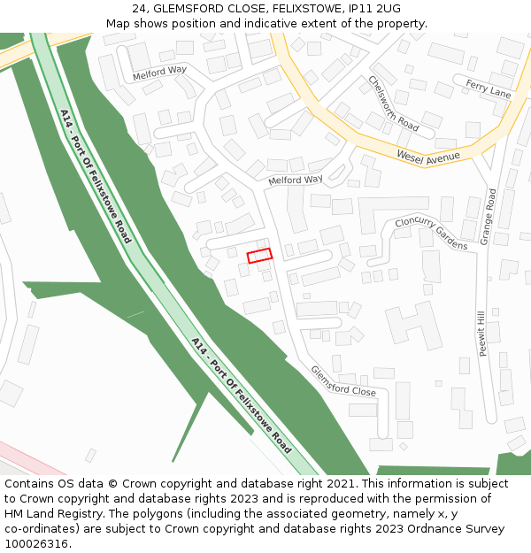 24, GLEMSFORD CLOSE, FELIXSTOWE, IP11 2UG: Location map and indicative extent of plot