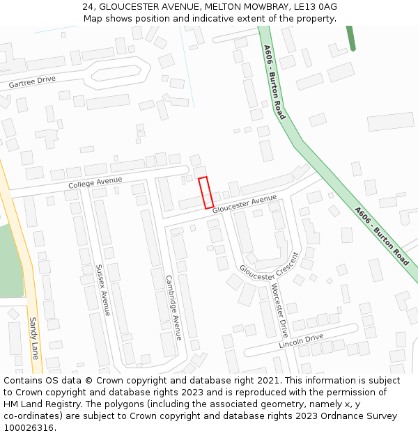 24, GLOUCESTER AVENUE, MELTON MOWBRAY, LE13 0AG: Location map and indicative extent of plot