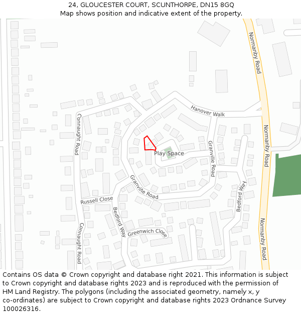 24, GLOUCESTER COURT, SCUNTHORPE, DN15 8GQ: Location map and indicative extent of plot