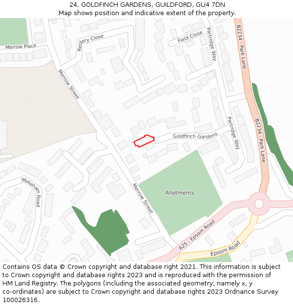 24, GOLDFINCH GARDENS, GUILDFORD, GU4 7DN: Location map and indicative extent of plot