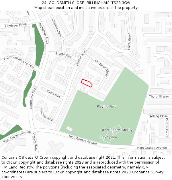 24, GOLDSMITH CLOSE, BILLINGHAM, TS23 3GW: Location map and indicative extent of plot