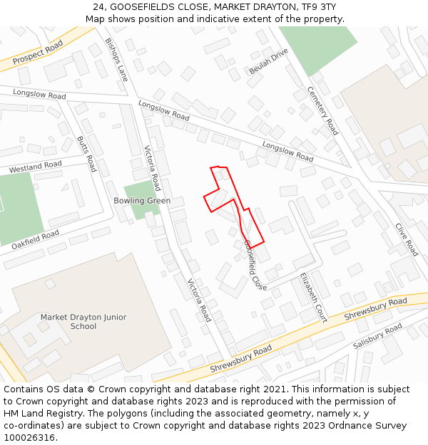 24, GOOSEFIELDS CLOSE, MARKET DRAYTON, TF9 3TY: Location map and indicative extent of plot