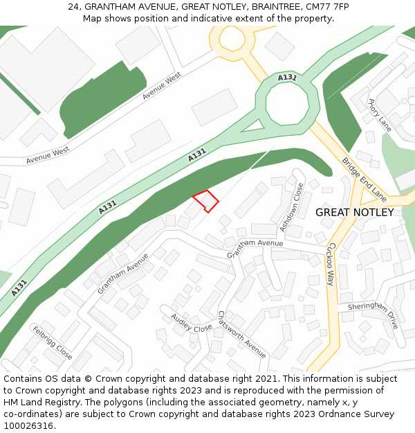 24, GRANTHAM AVENUE, GREAT NOTLEY, BRAINTREE, CM77 7FP: Location map and indicative extent of plot