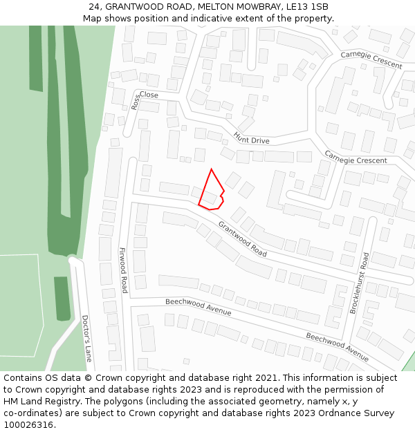 24, GRANTWOOD ROAD, MELTON MOWBRAY, LE13 1SB: Location map and indicative extent of plot