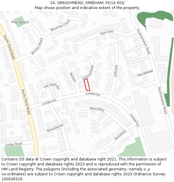 24, GRASSYMEAD, FAREHAM, PO14 4SQ: Location map and indicative extent of plot