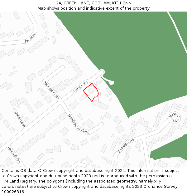 24, GREEN LANE, COBHAM, KT11 2NN: Location map and indicative extent of plot