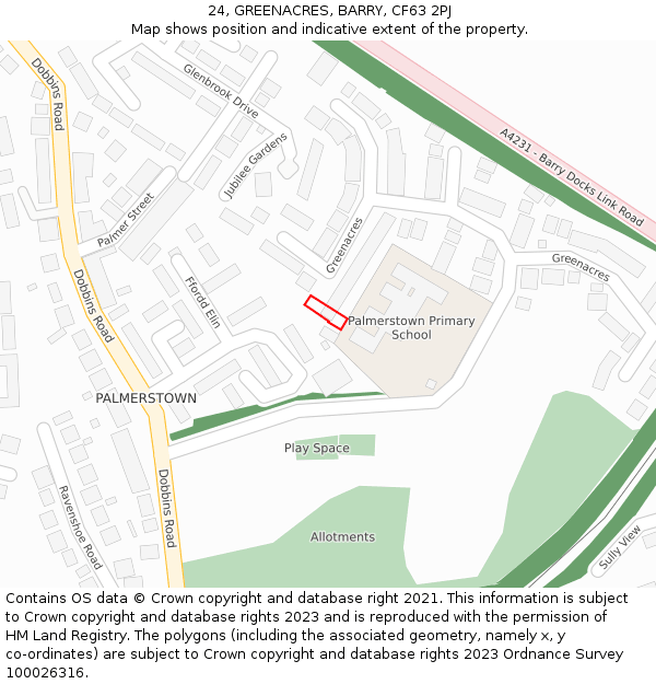 24, GREENACRES, BARRY, CF63 2PJ: Location map and indicative extent of plot