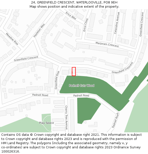 24, GREENFIELD CRESCENT, WATERLOOVILLE, PO8 9EH: Location map and indicative extent of plot