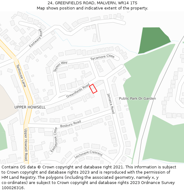 24, GREENFIELDS ROAD, MALVERN, WR14 1TS: Location map and indicative extent of plot