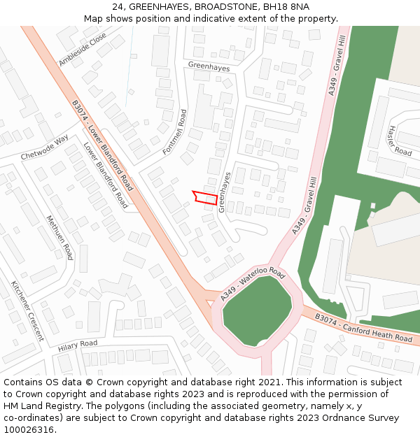 24, GREENHAYES, BROADSTONE, BH18 8NA: Location map and indicative extent of plot