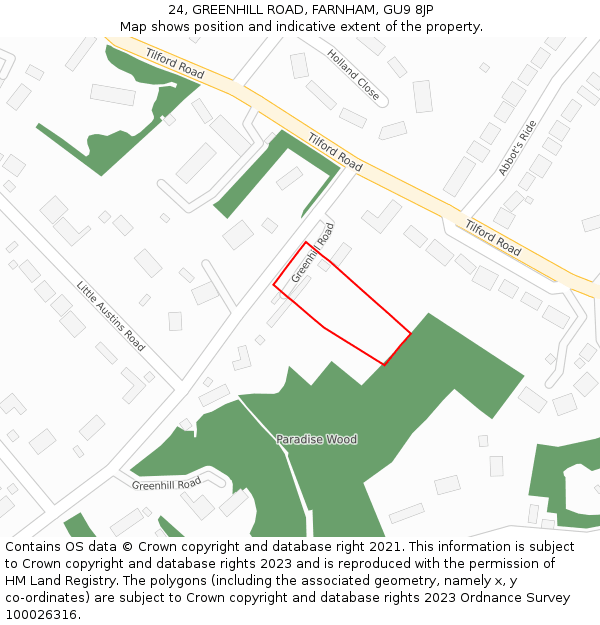 24, GREENHILL ROAD, FARNHAM, GU9 8JP: Location map and indicative extent of plot