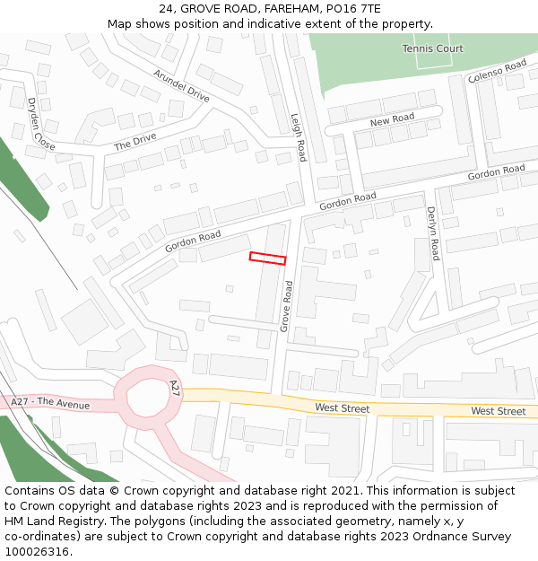 24, GROVE ROAD, FAREHAM, PO16 7TE: Location map and indicative extent of plot