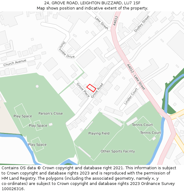 24, GROVE ROAD, LEIGHTON BUZZARD, LU7 1SF: Location map and indicative extent of plot