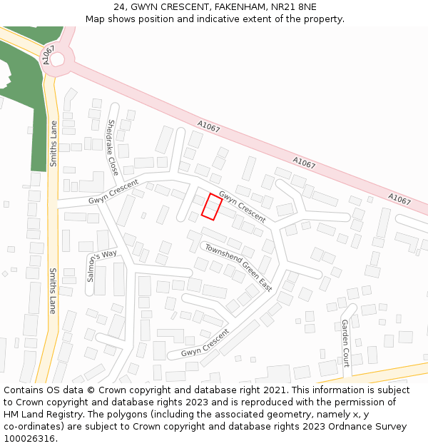 24, GWYN CRESCENT, FAKENHAM, NR21 8NE: Location map and indicative extent of plot