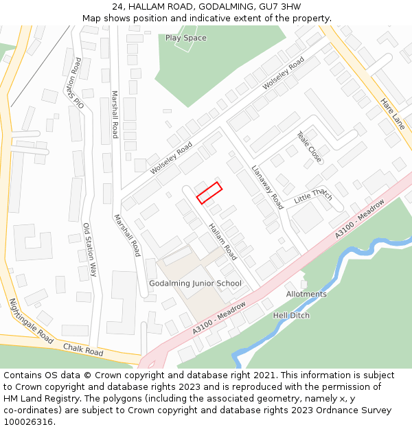 24, HALLAM ROAD, GODALMING, GU7 3HW: Location map and indicative extent of plot