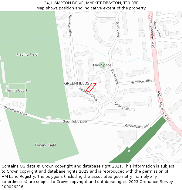 24, HAMPTON DRIVE, MARKET DRAYTON, TF9 3RP: Location map and indicative extent of plot