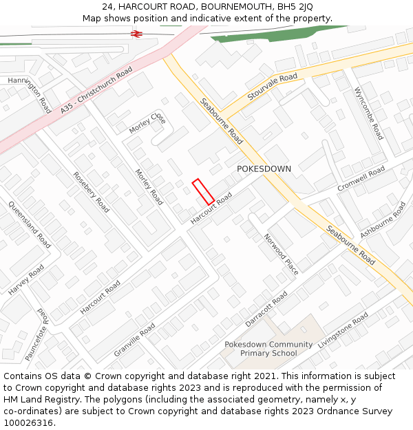 24, HARCOURT ROAD, BOURNEMOUTH, BH5 2JQ: Location map and indicative extent of plot