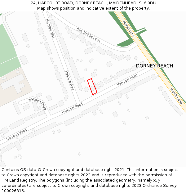 24, HARCOURT ROAD, DORNEY REACH, MAIDENHEAD, SL6 0DU: Location map and indicative extent of plot