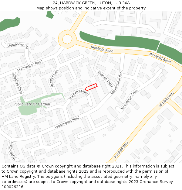 24, HARDWICK GREEN, LUTON, LU3 3XA: Location map and indicative extent of plot