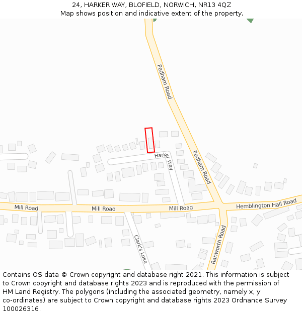 24, HARKER WAY, BLOFIELD, NORWICH, NR13 4QZ: Location map and indicative extent of plot