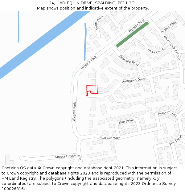 24, HARLEQUIN DRIVE, SPALDING, PE11 3GL: Location map and indicative extent of plot