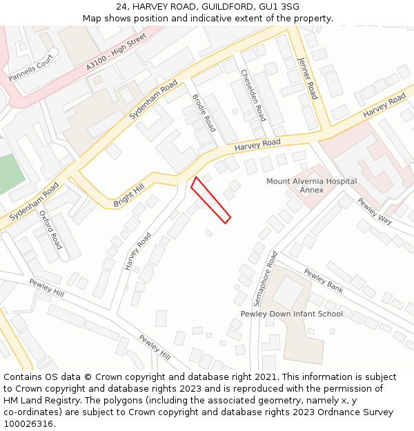 24, HARVEY ROAD, GUILDFORD, GU1 3SG: Location map and indicative extent of plot