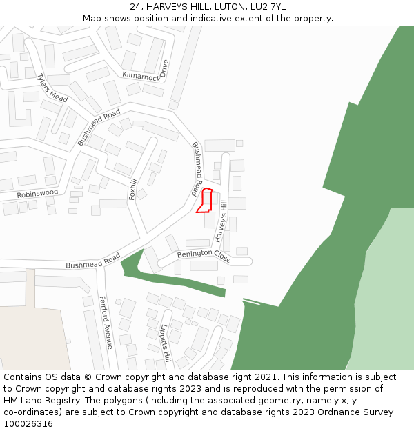 24, HARVEYS HILL, LUTON, LU2 7YL: Location map and indicative extent of plot