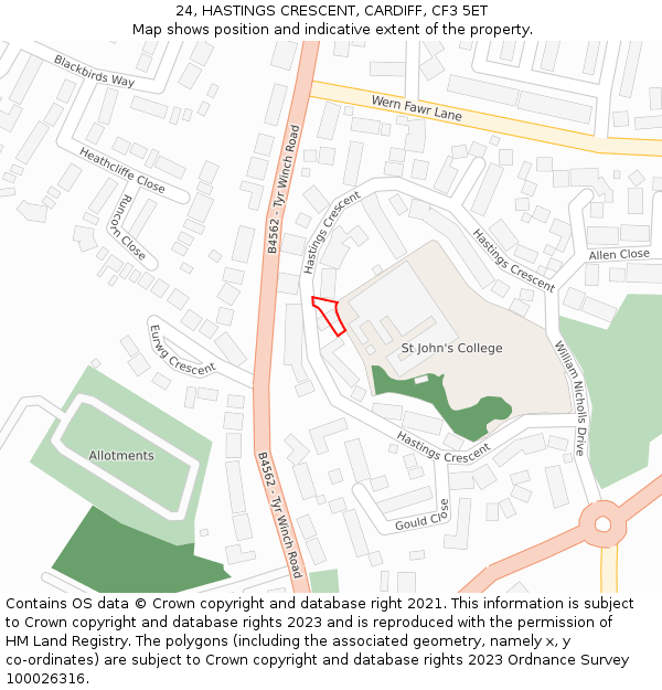 24, HASTINGS CRESCENT, CARDIFF, CF3 5ET: Location map and indicative extent of plot