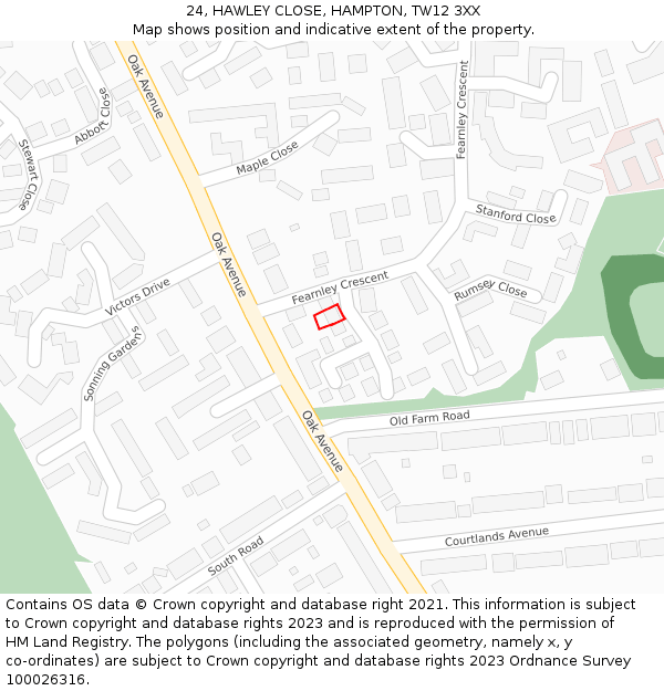 24, HAWLEY CLOSE, HAMPTON, TW12 3XX: Location map and indicative extent of plot