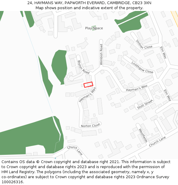 24, HAYMANS WAY, PAPWORTH EVERARD, CAMBRIDGE, CB23 3XN: Location map and indicative extent of plot