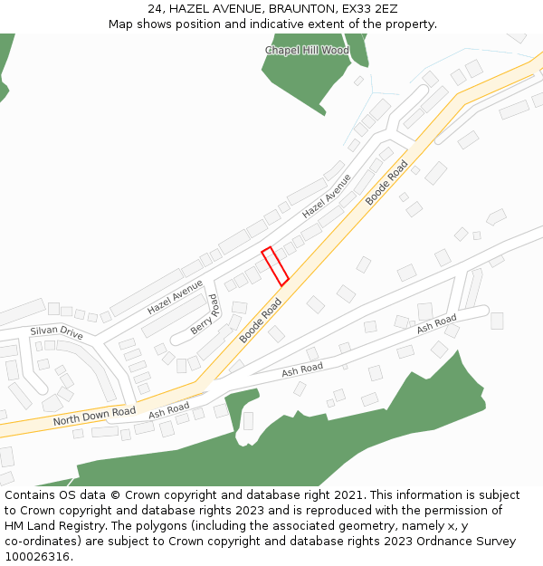 24, HAZEL AVENUE, BRAUNTON, EX33 2EZ: Location map and indicative extent of plot