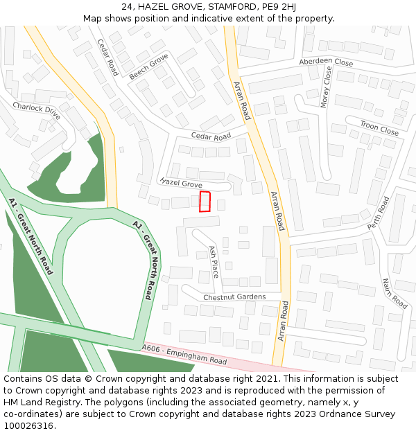 24, HAZEL GROVE, STAMFORD, PE9 2HJ: Location map and indicative extent of plot