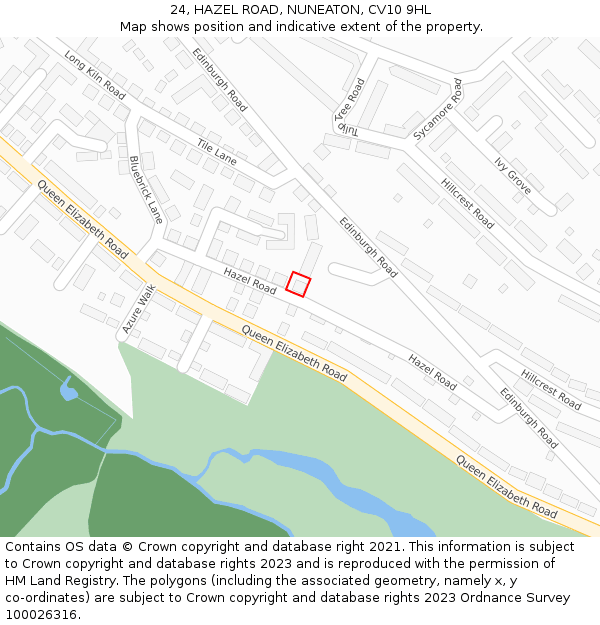 24, HAZEL ROAD, NUNEATON, CV10 9HL: Location map and indicative extent of plot