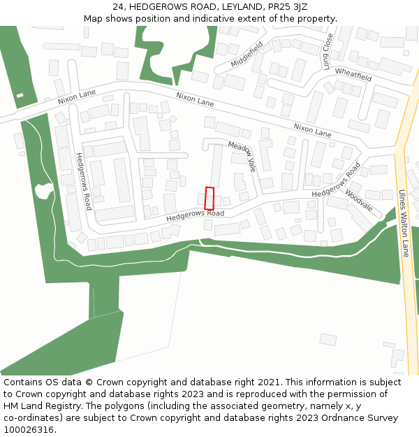 24, HEDGEROWS ROAD, LEYLAND, PR25 3JZ: Location map and indicative extent of plot