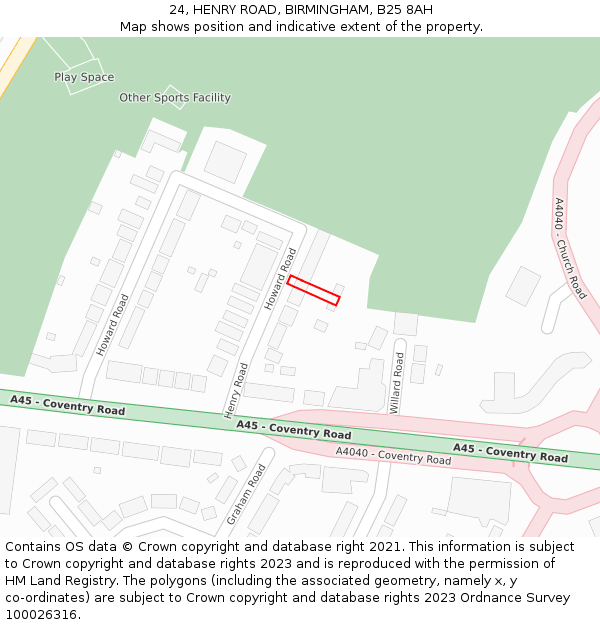 24, HENRY ROAD, BIRMINGHAM, B25 8AH: Location map and indicative extent of plot