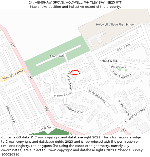24, HENSHAW GROVE, HOLYWELL, WHITLEY BAY, NE25 0TT: Location map and indicative extent of plot