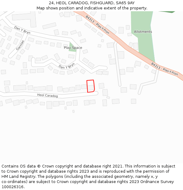 24, HEOL CARADOG, FISHGUARD, SA65 9AY: Location map and indicative extent of plot