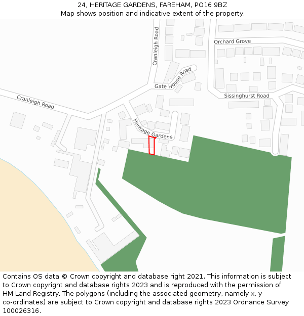 24, HERITAGE GARDENS, FAREHAM, PO16 9BZ: Location map and indicative extent of plot