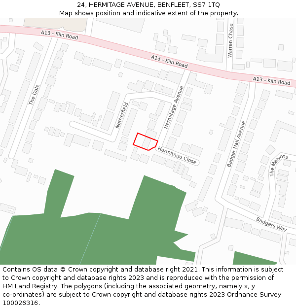 24, HERMITAGE AVENUE, BENFLEET, SS7 1TQ: Location map and indicative extent of plot
