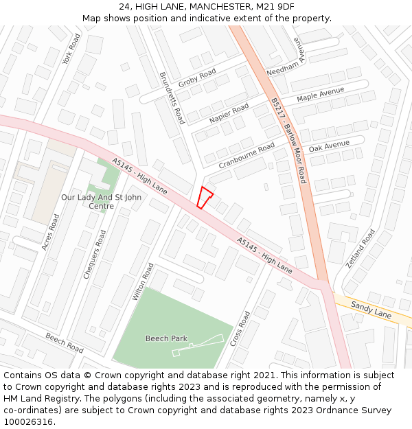 24, HIGH LANE, MANCHESTER, M21 9DF: Location map and indicative extent of plot