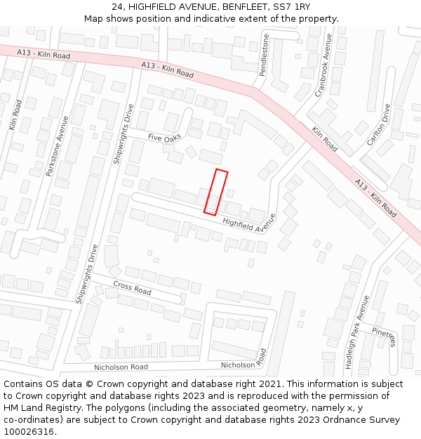 24, HIGHFIELD AVENUE, BENFLEET, SS7 1RY: Location map and indicative extent of plot