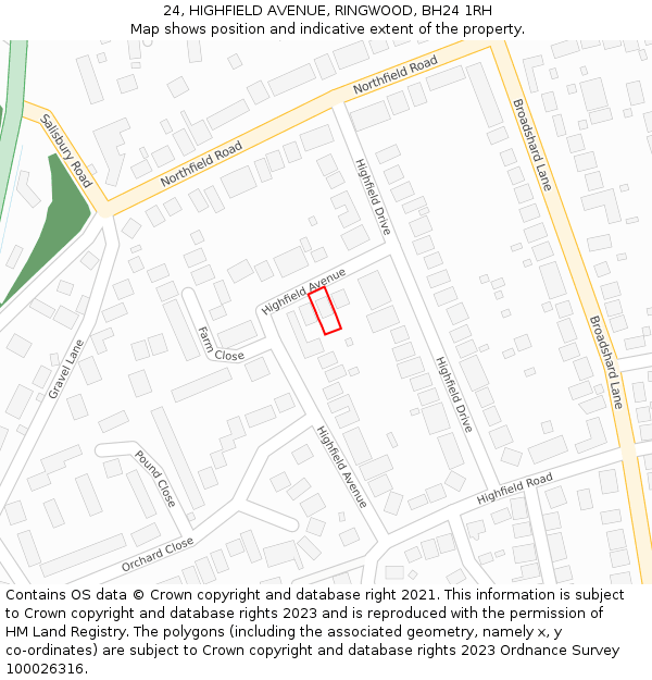 24, HIGHFIELD AVENUE, RINGWOOD, BH24 1RH: Location map and indicative extent of plot