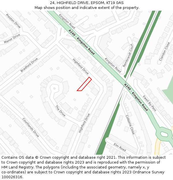 24, HIGHFIELD DRIVE, EPSOM, KT19 0AS: Location map and indicative extent of plot