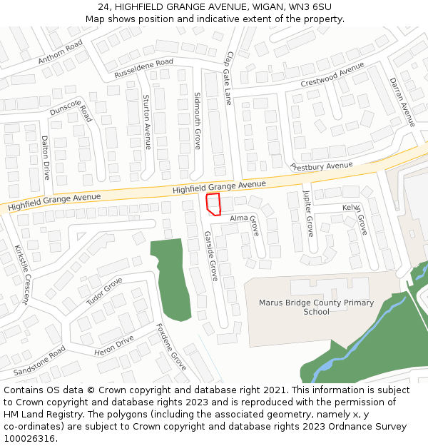 24, HIGHFIELD GRANGE AVENUE, WIGAN, WN3 6SU: Location map and indicative extent of plot