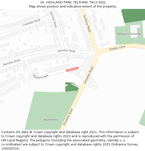 24, HIGHLAND PARK, FELTHAM, TW13 4QQ: Location map and indicative extent of plot