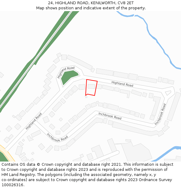 24, HIGHLAND ROAD, KENILWORTH, CV8 2ET: Location map and indicative extent of plot